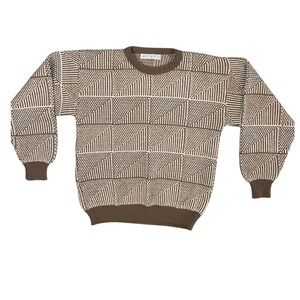 VTG Jantzen Geometric Pattern Sweater Brown Cream Crew Neck Long Sleeve Made USA